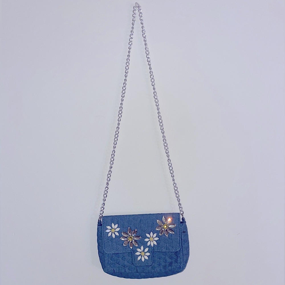 Adorable denim mini shoulder bag with flower gem details